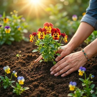 Woman hands planting pansies